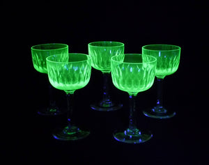 Victorian Glasses with Uranium Glass Bowls, Set of 5, Glow Beautifully