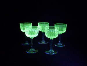 Victorian Glasses with Uranium Glass Bowls, Set of 5, Glow Beautifully