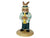 The bunny is wearing an aqua and white striped jacket, green trousers and bow tie and a yellow hat with a green stripe. He is playing his yellow trumpet.