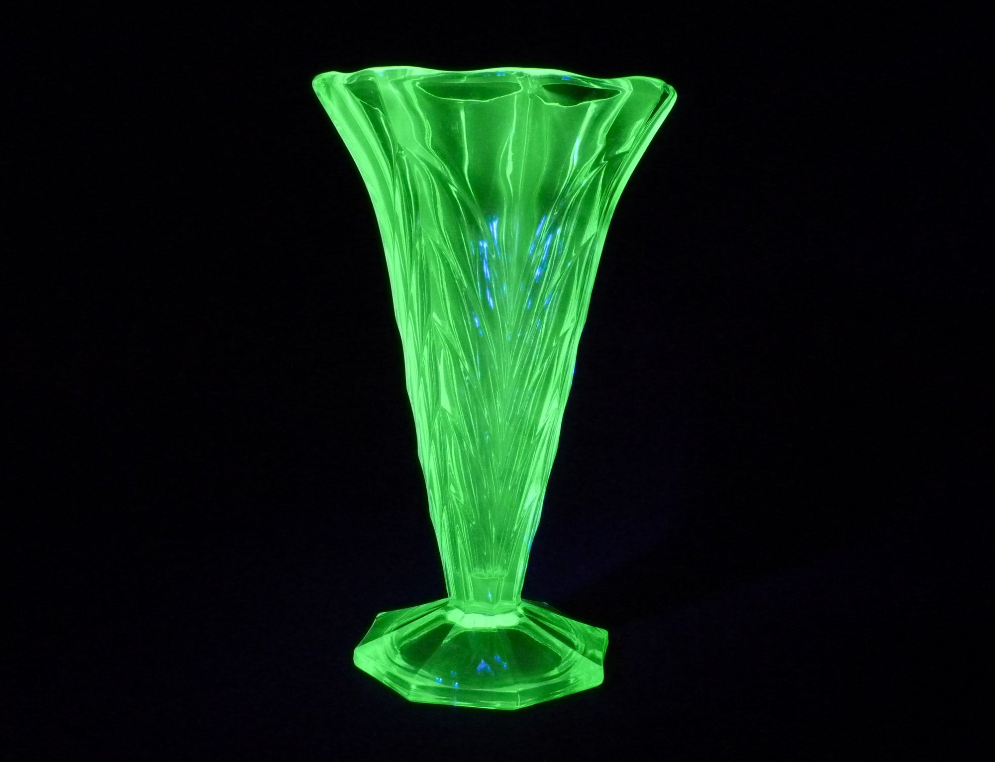 Uranium Glass, Elegant Fluted Vase, Glows Brightly