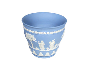 Small blue jasper ware planter pot with white neo-classical decoration around the body.