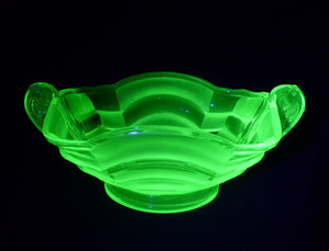 Stunning Uranium Glass Bowl, Decorative Handles, Glows Brightly