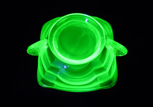 Stunning Uranium Glass Bowl, Decorative Handles, Glows Brightly