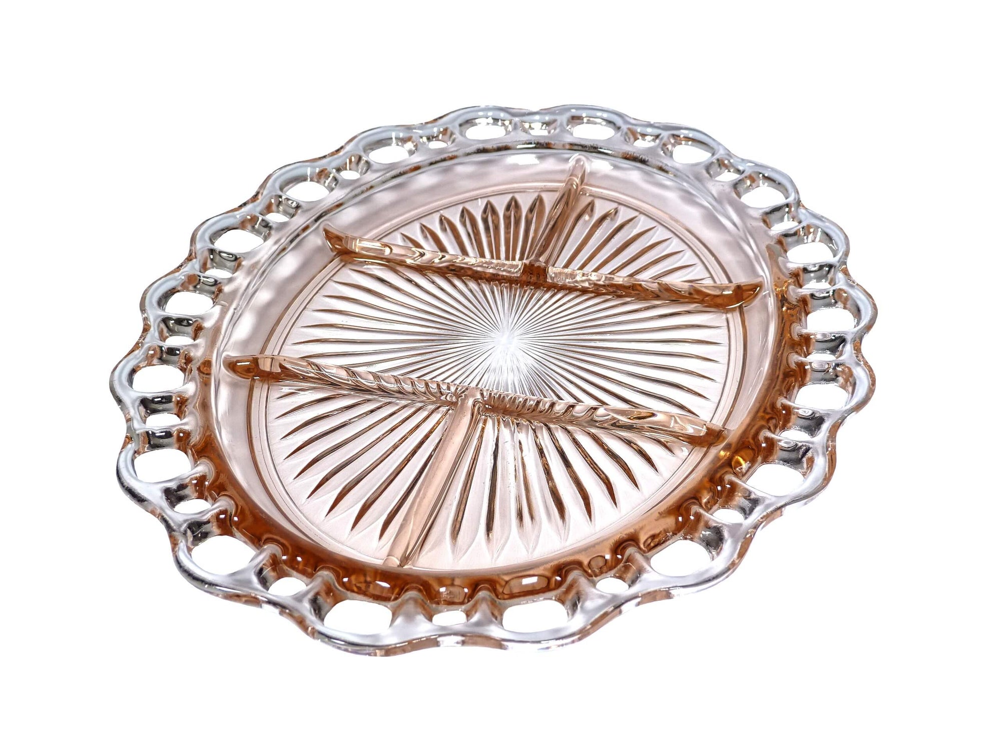 Divided Pink Glass Serving Plate, Old Colony "Lace Edge", 1930's